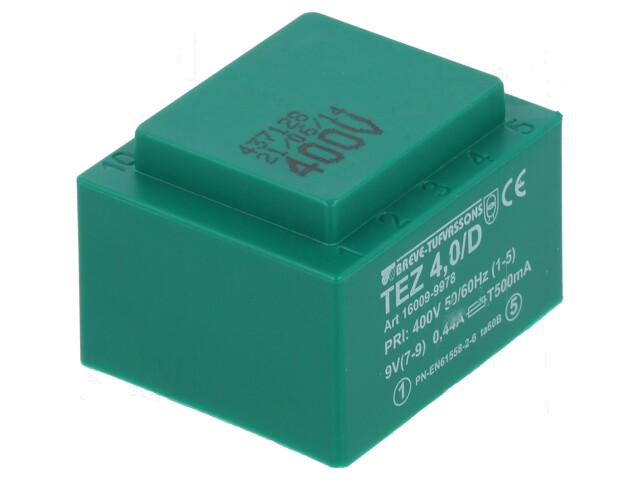 Transformator: ingegoten; 4VA; 400VAC; 9V; 444,4mA; PCB; IP00; TEZ Transformator: ingegoten; 4VA; 400VAC; 9V; 444,4mA; PCB; IP00; TEZ